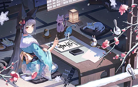 苏卡库 长发 微笑 动漫 女孩 游戏 动物耳朵 雪花 回眸 回头 跪坐 书法 发带 树枝 猫咪 桌子 下雪 鸟类 花卉 4K壁纸