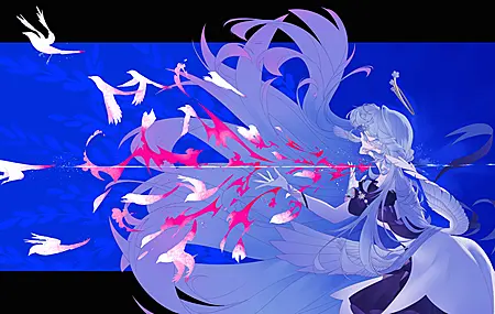 长发 蓝色头发 罗宾 本岛 星轨 动漫 女孩 简单背景 鸟类 白手套 耳环 头翼 翅膀 4K壁纸