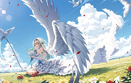 长发 户外 女性 跪着 动漫 女孩 萤火虫 本岛 星铁 云朵 天使 翅膀 阳光 脸红 白色连衣裙 叶子 花朵 天空 头带 太阳 鸟类 花瓣 丝带 4K壁纸