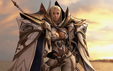 女人 骑士 长发 金发 站立 女战士 CGI 盔甲 垫肩 模糊背景 天空 紫色眼睛 日落 光芒 黑手套 4K壁纸