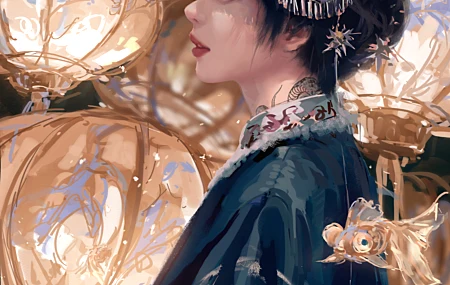 黑发 女性 短发 数字 绘画 肖像 汉服 灯笼 头饰 手机壁纸 4K壁纸