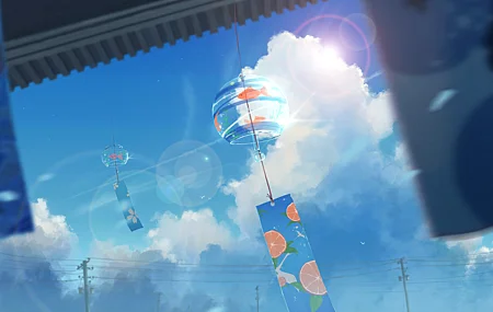 风景 插图 风铃 云朵 小鱼 夏天 4K壁纸