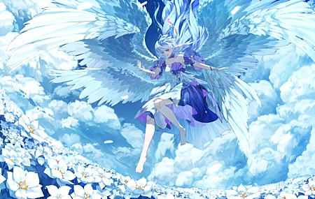 赤脚 裸肩 长发 天使 翅膀 鲜花 白手套 珠宝 短袖 手镯 天空 飞翔 云朵 田野 连衣裙 积云 4K壁纸