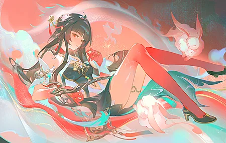 全身 黑发 红眼 刘海 本岛 星铁 灵莎 动漫 女孩 高跟鞋 简单背景 兔子 动物 头饰 流苏 汉服 幻想 4K壁纸