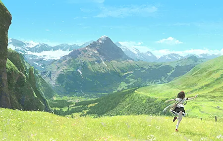 山脉 云朵 天空 田野 女孩 自然 奔跑 放松 开心 治愈 草地 4K壁纸