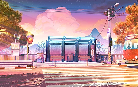 公交车站 交通镜 天空 长凳 人行横道 树木 山脉 数字 艺术 电线 4K壁纸