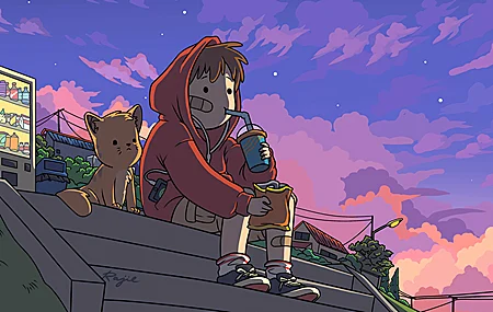 放松 治愈 卡通 小狗 狗狗 男孩 连帽衫 饮料 零食 云层 自动售货机 路灯 小猫 猫咪 4K壁纸