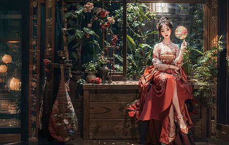 古风 美女 扇子 红色裙子 室内 绿色植物 鲜花 团扇 灯笼 花田 花园 4K壁纸