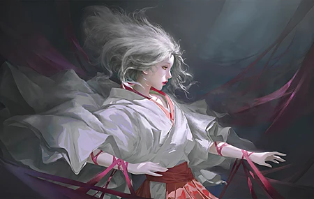 古风 少女 白发 白色衣服 唯美 丝带 红色丝带 飘逸 红色绑带 4K壁纸